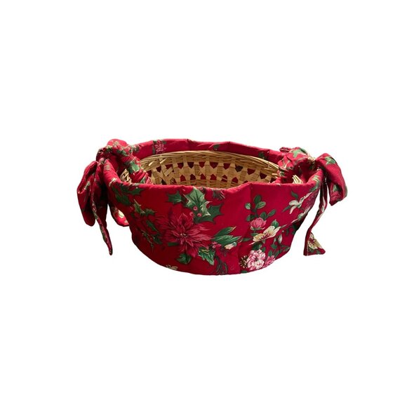 Handmade Wicker Basket Red Poinsettia Fabric Liner Holiday Christmas Floral Deco - Picture 1 of 7